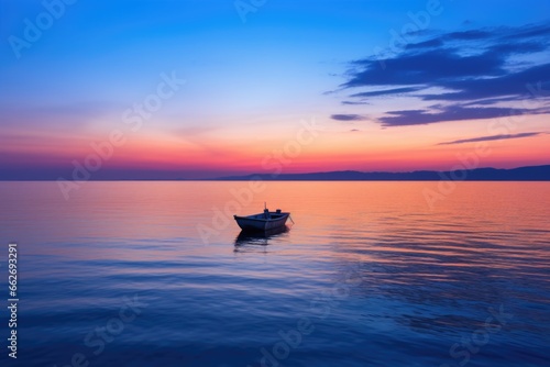 a single boat on the water at dusk with a beautiful sunset at the horizon