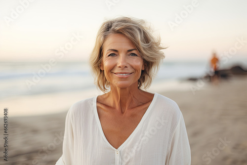 A cheerful and confident senior lady enjoying a carefree summer vacation by the sea, radiating natural beauty.