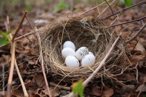 a fallen bird nest with scattered eggshells