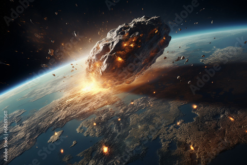 Moment of a giant asteroid impacting Earth, symbolizing the immense power and potential devastation of cosmic collisions. Ai generated