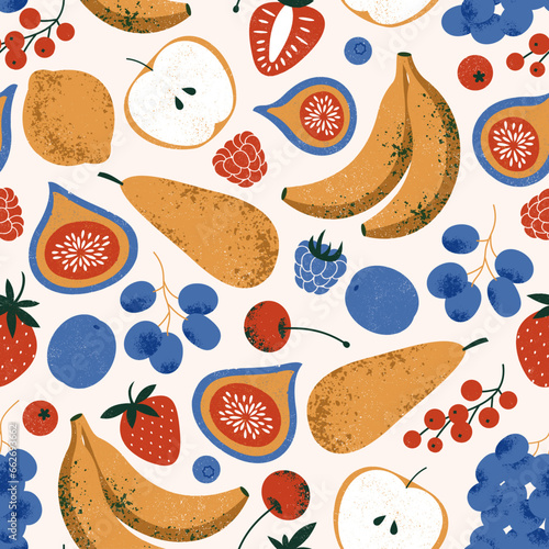 Fruit collection. Fresh fruit seamless pattern. Banana with pear and apple with grape and berries. . Vector illustration