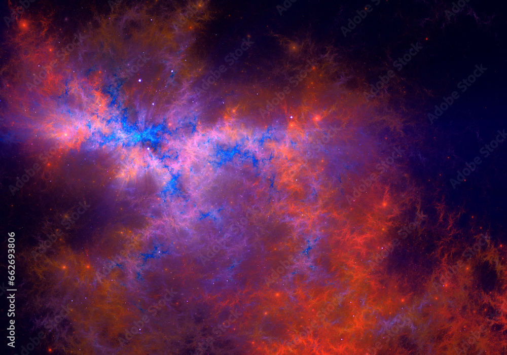 Fiery nebula and stars in space. Abstract fractal art background.