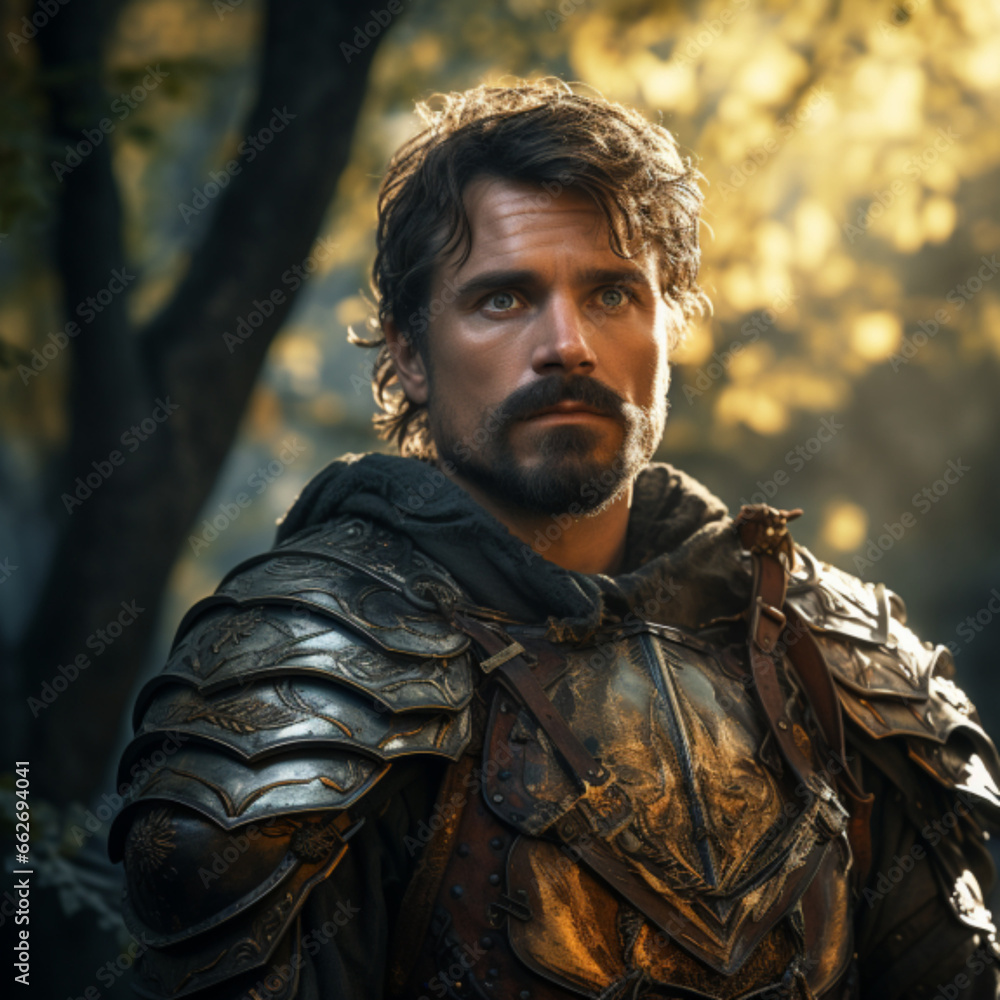 Generative AI,Portrait of a medieval knight in the forest. Fantasy and fantasy.