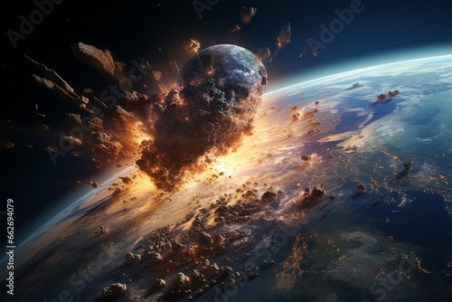 Moment of a giant asteroid impacting Earth, symbolizing the immense power and potential devastation of cosmic collisions. Ai generated