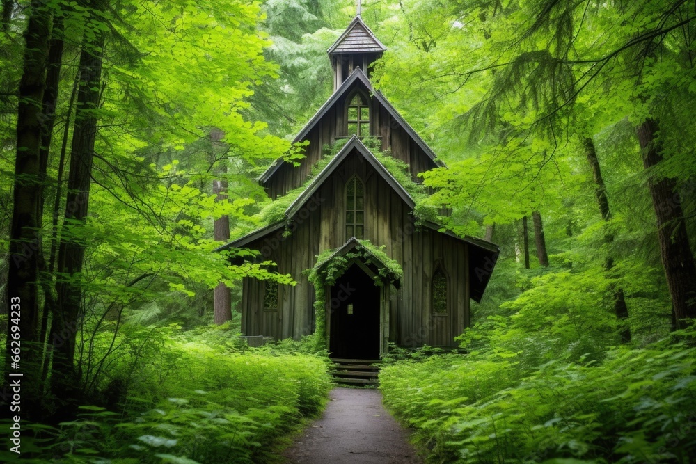 rustic wooden church in a lush green forest