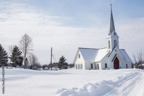 exterior shot of church in the snowy landscape