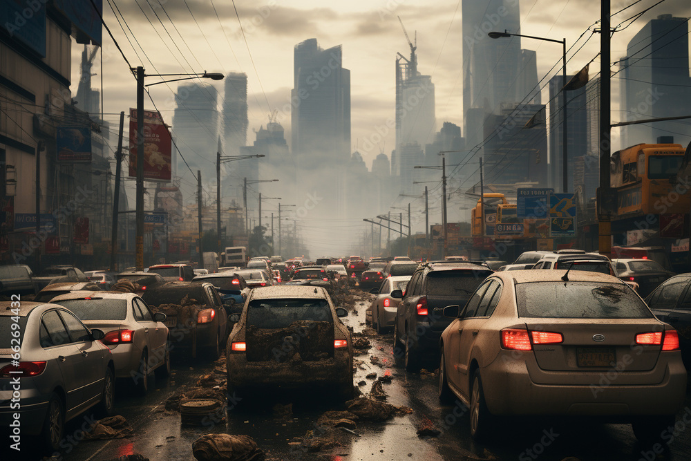Polluted city with chaotic traffic, highlighting the hazardous ...