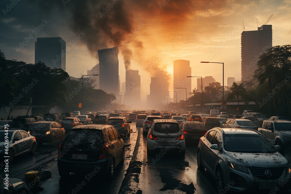 Congested Environment Polluted city with chaotic traffic, highlighting the hazardous ...