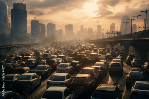 Polluted city with chaotic traffic, highlighting the hazardous environmental impact of vehicles congestion and air pollution. Ai generated