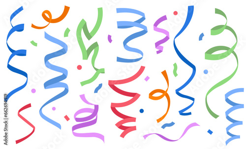 Confetti ribbons set. Cartoon colorful decoration elements, shiny tinsel streamers with glitter, party celebration elements. Vector isolated collection