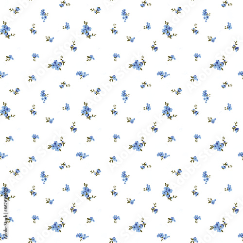 Cute pattern in small flower. Small colorful flowers. Blue background. Floral seamless pattern.