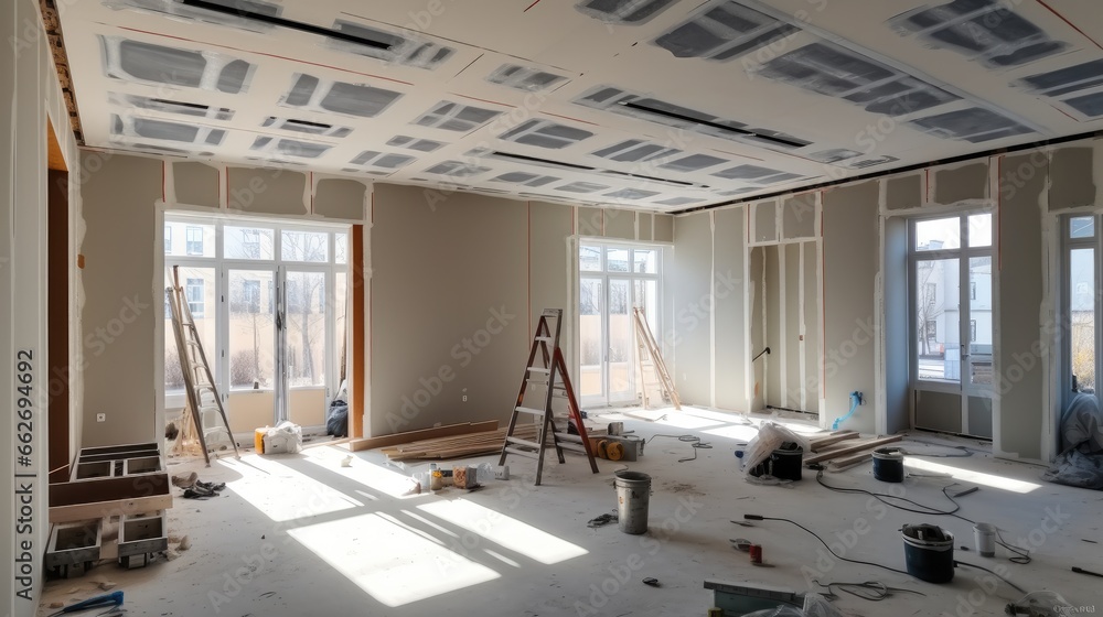 Fototapeta premium Partition for interior wall, Drywall installation at new home for under construction.