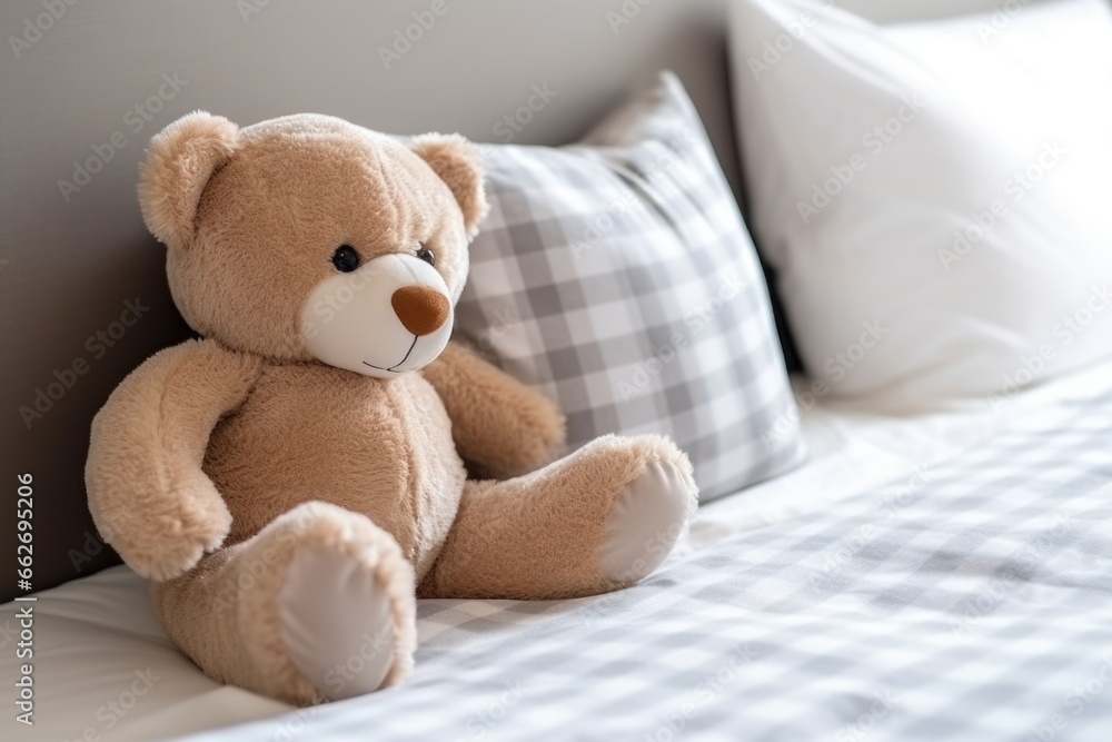 close-up of a stuffed toy on a childs bed