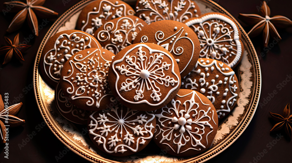 Vector gingerbread cookies with a touch of elegance featuring intricate icing designs
