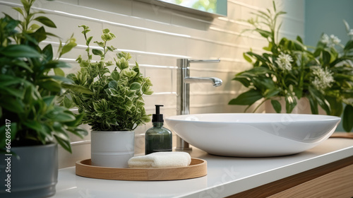 Vessel sink and different care products in bathroom with Green artificial plants. © visoot
