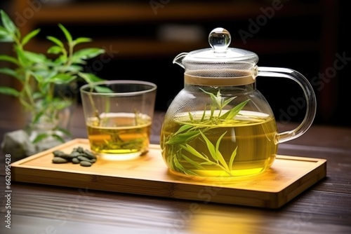 brewing green tea in a bamboo handle glass teapot