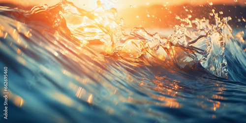 Closeup of the ocean wave. The sea in the light of summer sunset. Travel, vacation concept. Generative AI