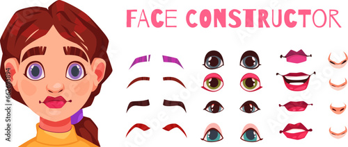 Cartoon character constructor with facial elements for a caucasian woman