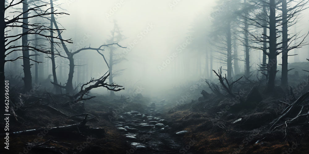 Misty forest with dare trees and rocks. Minimalistic scenery landscape. Generative AI