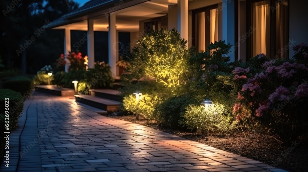 Modern gardening with Illuminated pathway in front of residential house. Modern gardening with Illuminated pathway in front of residential house.