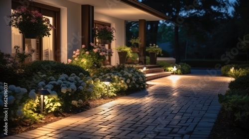 Modern gardening with Illuminated pathway in front of residential house. photo