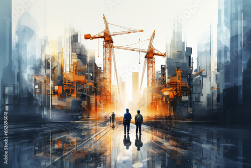 Artistic creative background illustration featuring construction workers, towering buildings in various stages of construction, and cranes on the skyline. Ai generated photo