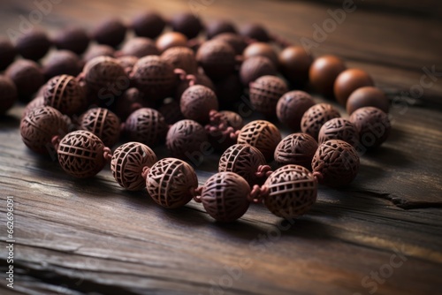 handcarved wooden prayer beads lying on a wooden table