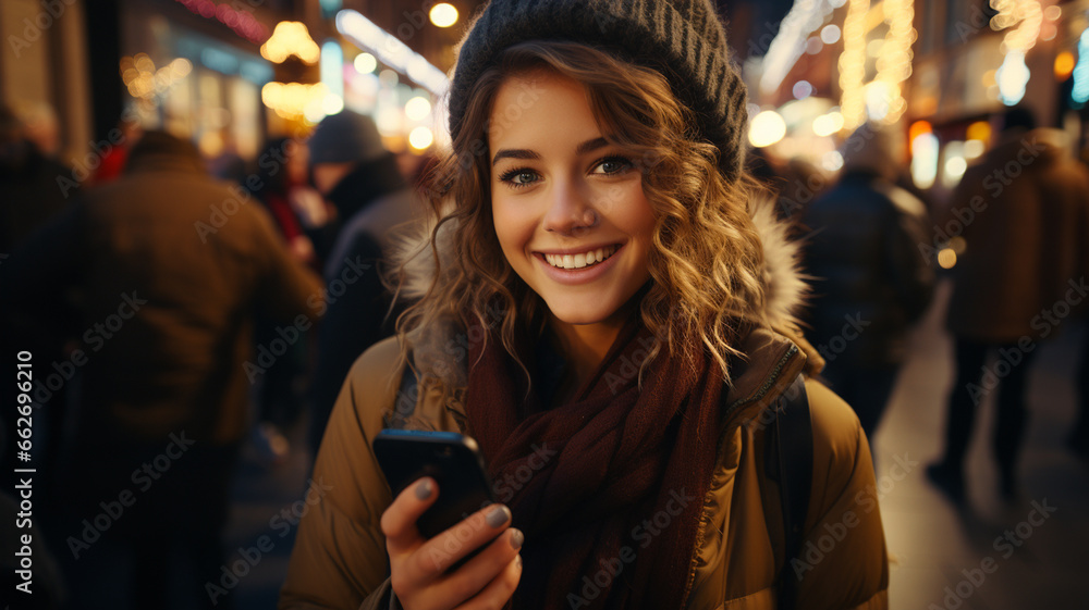 young woman smiling on the street in the evening young woman smiling on the street in the evening