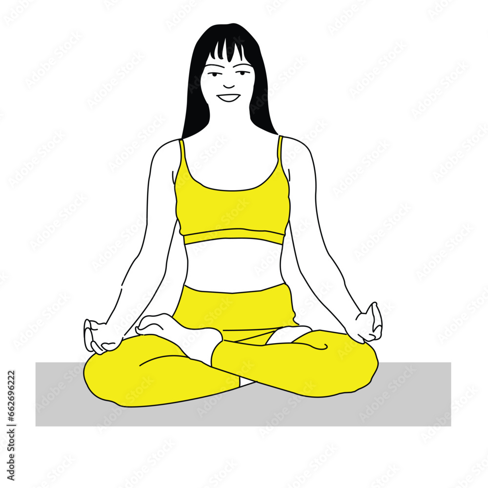Line art drawing of young woman sitting in lotus pose yoga on white background. Vector illustration Line art drawing of young woman sitting in lotus pose yoga on white background. Vector illustration