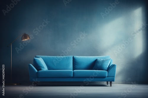 Modern minimalist interior with blue sofa on a blue color wall background. © Vovmar