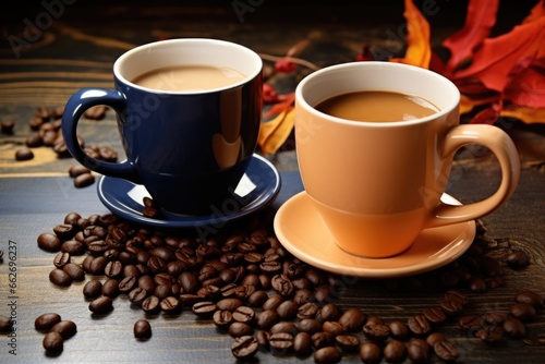 two mugs of contrasting colors surrounded by scattered coffee beans
