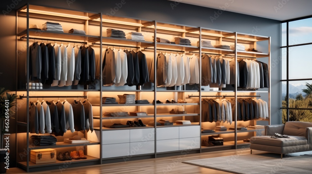 Modern Luxurious Walk-In Closet Interior. Modern Luxurious Walk-In Closet Interior.