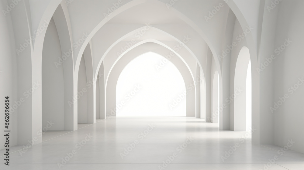 View of empty white room with arch design and concert