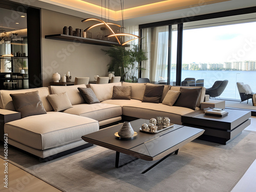 Ein luxuriöser Wohnbereich in einem schönen, hellen, modernen Haus im skandinavischen Stil, generative AI © TimosBlickfang