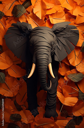 Elephant and foliage. Orange and black toned creative illustration. 