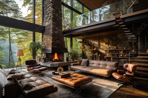 Contemporary stylish interior of a large two-story house in the loft style. Large windows overlook nature.