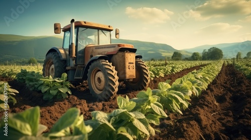Agricultural concept, Operating an aged tractor in a potato field
