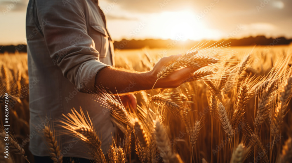The hands of an experienced farmer touch the ears of ripened wheat in a sunset wheat field. Checking the quality of golden wheat. Harvesting. - obrazy, fototapety, plakaty 