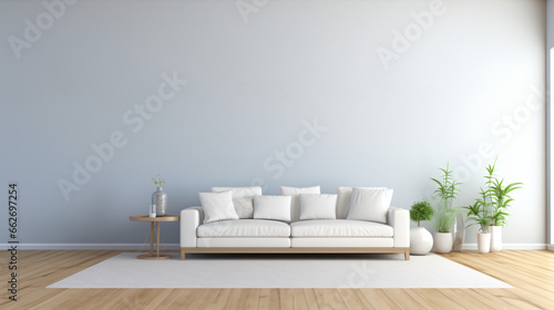View of room space with white sofa set Blue wall