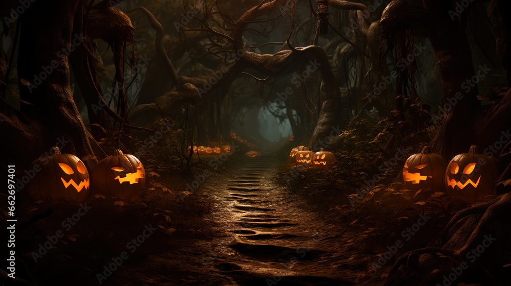 Moonlit path in the forest with pumpkins on the sides, mist over ground. Halloween concept. Generative AI Moonlit path in the forest with pumpkins on the sides, mist over ground. Halloween concept. Generative AI