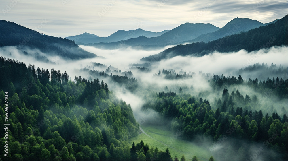 foggy morning in the Carpathians in autumn. - obrazy, fototapety, plakaty 