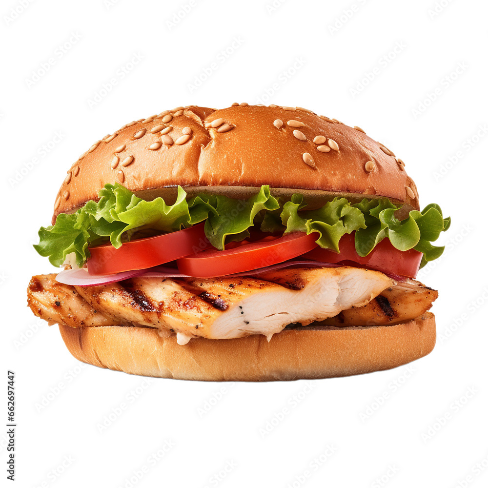 tasty grilled chicken hamburger isolated on white background, ai generated tasty grilled chicken hamburger isolated on white background, ai generated
