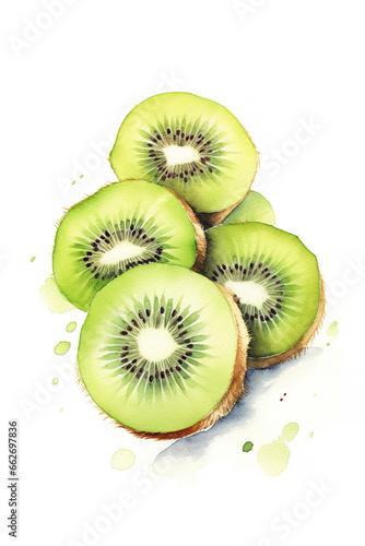 Sliced kiwi fruits  watercolor illustration  isolated on white background