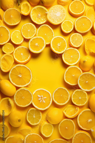 Round frame made with Juicy sliced lemons on yellow background