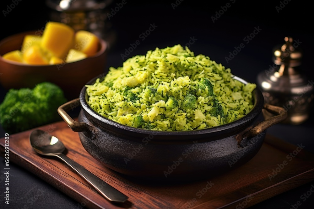 freshly made broccoli rice in a dark stone bowl