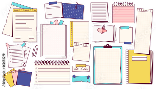 Notes and paper stationery. Doodle post-it note sheet with sticky note, memo and task planner objects. Vector blank notepaper set