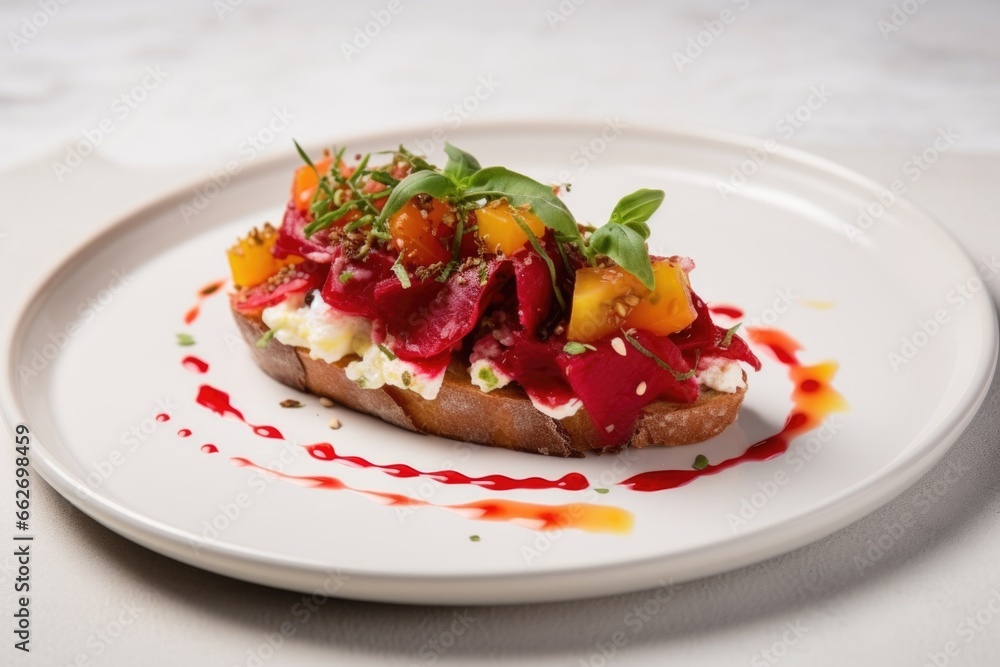 bruschetta with beetroot placed on a white ceramic plate bruschetta with beetroot placed on a white ceramic plate