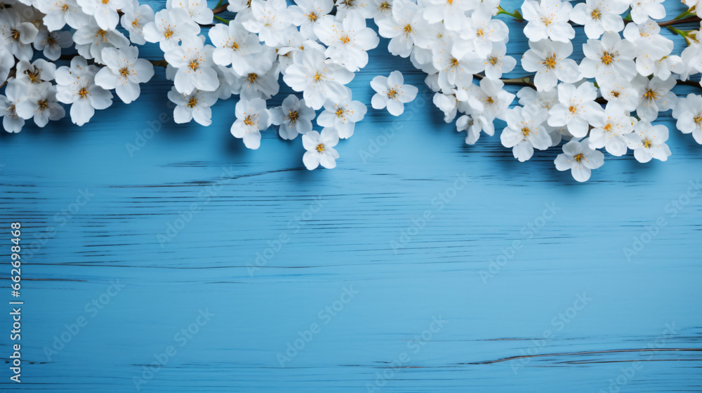 White flowers on blue wooden background. Top view