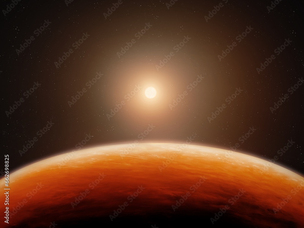 Obraz premium Panorama of the red planet, view from space. Sun above the surface of a Mars-like exoplanet. Cosmic landscape.