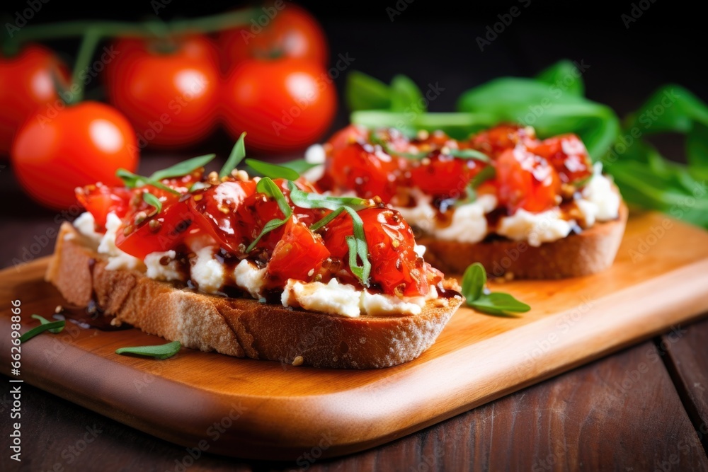 closeup of bruschetta with creamy goat cheese and red cherry tomatoes closeup of bruschetta with creamy goat cheese and red cherry tomatoes